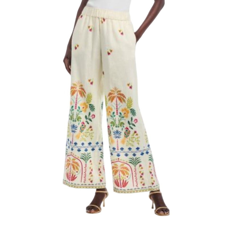JW Los Angeles NWT SZ XXL Linen Blend Wide Leg Pants‎ Ivory Tropical Embroidered